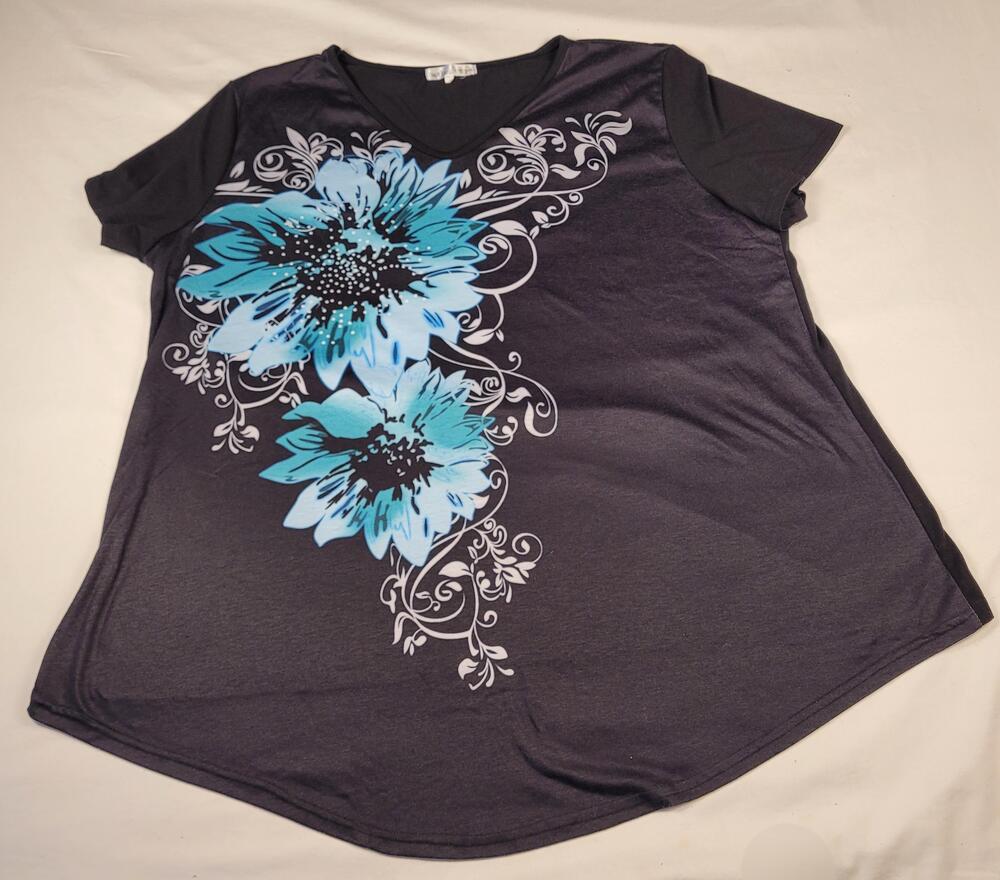 Vtg Wet Seal Shirt Womens 5XL Black Blue Floral V Neck Short Sleeve Tunic Top
